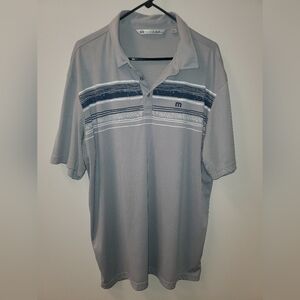 Travis Mathew XXL Gray 3 Button Polo Shirt w/Blue & White Design EUC